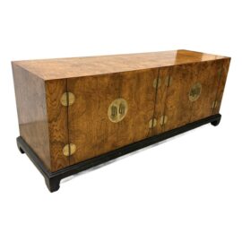 Vintage Asian Medallion Burl Wood Low Credenza