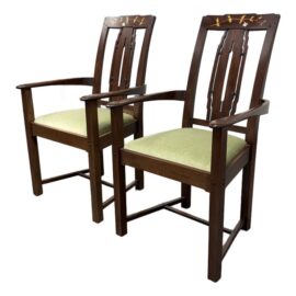 Vintage Craftsman Dining Chairs With Inlaid Flowers, Pair