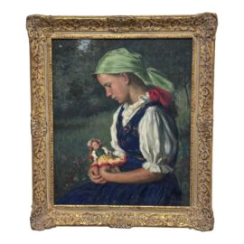 Lajos Rezes Molnar "Peasant Girl With Doll" Original Oil Painting, Framed