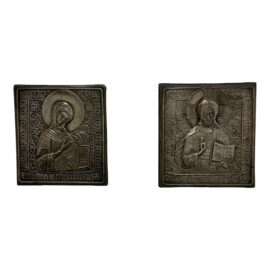 Russian Orthodox Deesis Silver Embossed Panels of the Virgin Mary + Jesus Christ, Set of Two