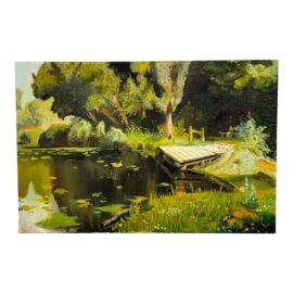 Impressionist Acrylic on Canvas Dock on a Pond Landscape Painting