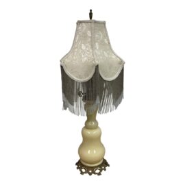 Vintage Porcelain Table Lamp With Victorian Beaded Fringe Lamp Shade