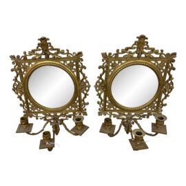 Antique Victorian Cast Metal Wall Mirror Candelabras, Pair