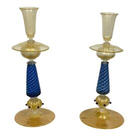 La Fenice Murano Glass Filigrana Candle Holders, Pair. Original Price: $3,200