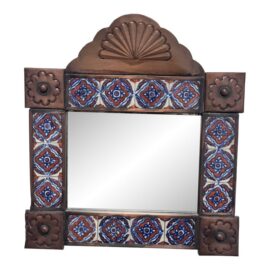Mexican Folk Art Handcrafted Embossed Tin + Hand Painted Tile Mirror
