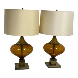 Italian Murano Inspired Amber Glass Table Lamps, Pair