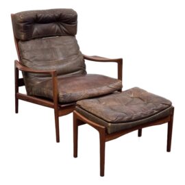 Mid 20th Century Ib Kofod-Larsen Scandinavian Lounge Chair + Ottoman