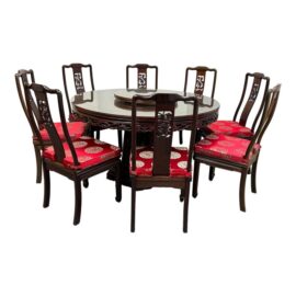 Vintage Rosewood Round Carved Dragon Table + Eight Chairs + Lazy Suzan, Set