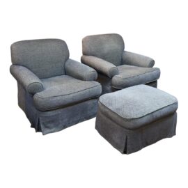 Custom Design Roll Arm Chairs + Ottoman, Set of Three