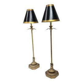 Vintage Lampcrafters Tall Brass Table Lamps With Black Shades, Pair