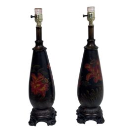 Circa 1990's Chinoiserie Hand Painted Floral Table Lamps, Pair