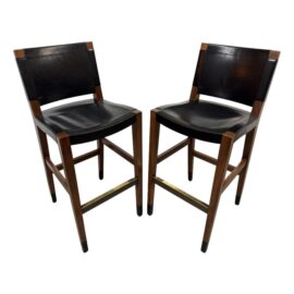 Walnut Wood + Black Leather Bar Stools, Pair