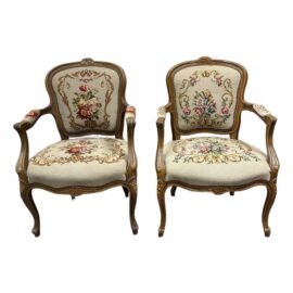 Antique Louis XV Style Needlepoint Arm Chairs, Pair
