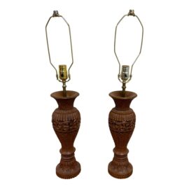 Vintage Carved Wood Table Lamps, Pair