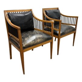Circa 1835 Austrian Biedermeier Cherry Wood + Leather Arm Chairs, Pair. Estimated Price: $7, 500