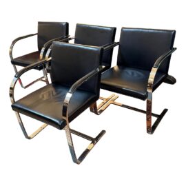Brueton Cantilever Leather + Chrome Chairs, Set of Four