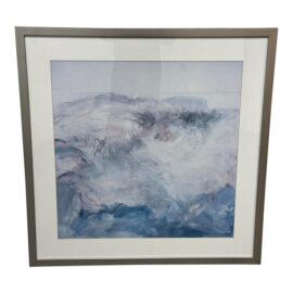 Contemporary Blue + White Brush Strokes Print, Framed
