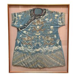 Qing Dynasty Blue Embroidered Silk Kimono, Framed