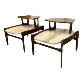 Bertha Schaefer for M. Singer & Sons Walnut/Travertine Tables, Pair