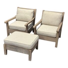 Restoration Hardware Outdoor Leagrave Lounge Chairs + Ottoman, Set of Three. Original Price: $5,300