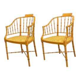 Circa 1960s Baker Furniture Faux Bamboo Windosr Chairs, Pair