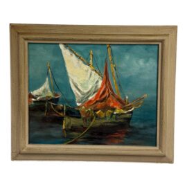 Late 20th Century J. Lamm Boats Seascape Oil Painting, Framed