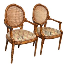 Carved Wood Cane Back Arm Chairs, Pair