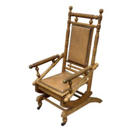 Antique Victorian Wood + Leather Rocking Chair