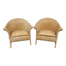 Mid 20th Century Woven Rattan Tub Chairs, Pair