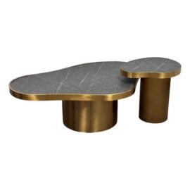 NEW Michael Oren Design Marquina Marble Kidney Coffee Table + Side Table, Set of Two. Original Price: $7,000