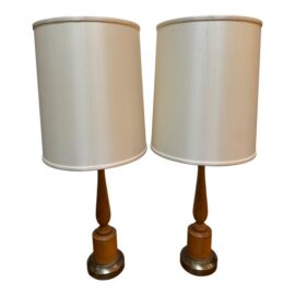 Mid 20th Century Walnut Wood Table Lamps, a Pair