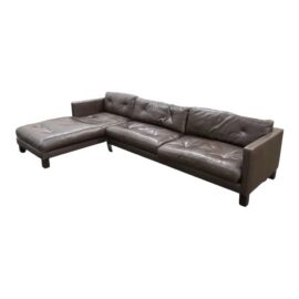 Contemporary Leather Sectional + Left Chaise, Dark Brown