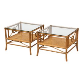 McGuire Furniture Rattan Target Design Side Tables, Pair