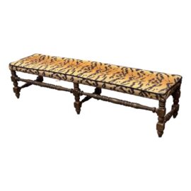 Antique Italian Carved Wood Bench in Tiger Print