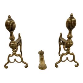 Brass Fireplace Andirons + Front Rail, Vintage, Set of Three