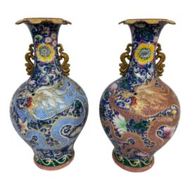 Antique Chinese Cloisonne Haitangzun Vases, Pair
