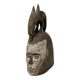 African Yoruba Carved Wood Helmet + Jackal Sculpture