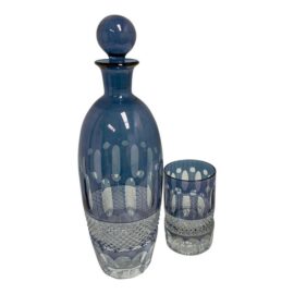 Crystal Blue Cut Decanter + Matching Tumblr, Pair