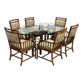 McGuire Furniture Oval Glass Top Dining Table + Six Far East Collection Dining Armchairs, Vintage Set