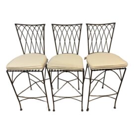 Wrought Iron Bar Stools With Cushions, Set of Three
