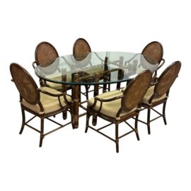McGuire Furniture Oval Glass Top Dining Table + Six Double Cane Back Dining Armchairs, Vintage Set