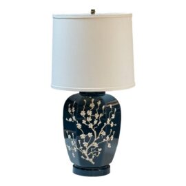 Navy Impasto Table Lamp With Hand Sculpted Floral Relief