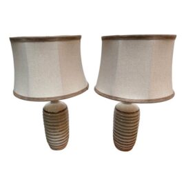 Cream Ceramic Column Table Lamps, Pair