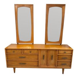Heritage Brutalist Oak Wood Dresser With Dual Mirrors