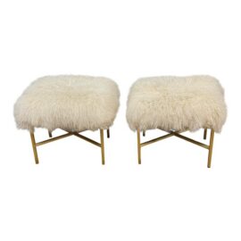 Outpost Original Tibetan Lambskin + Brass Ottomans, Pair. Original Price: $1,560