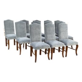Bespoke Blue Velvet + Oak Wood Dining Chairs, Set of Twelve
