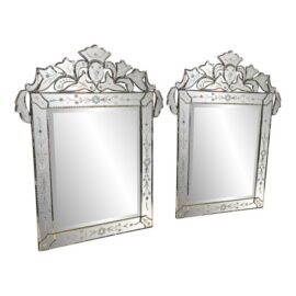 Venetian Cut + Etched Glass Gypsy Wall Mirrors, Pair