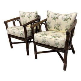 McGuire Furniture Barrel Back Bamboo Armchairs, Pair