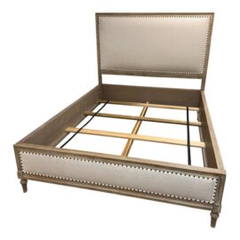 Queen Size Restoration Hardware Maison Fabric Panel Bed Frame, Antique Oak Finish. Original Price: $5,185