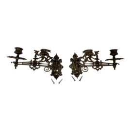 Ornate Brass Antique Piano Sconces, Pair